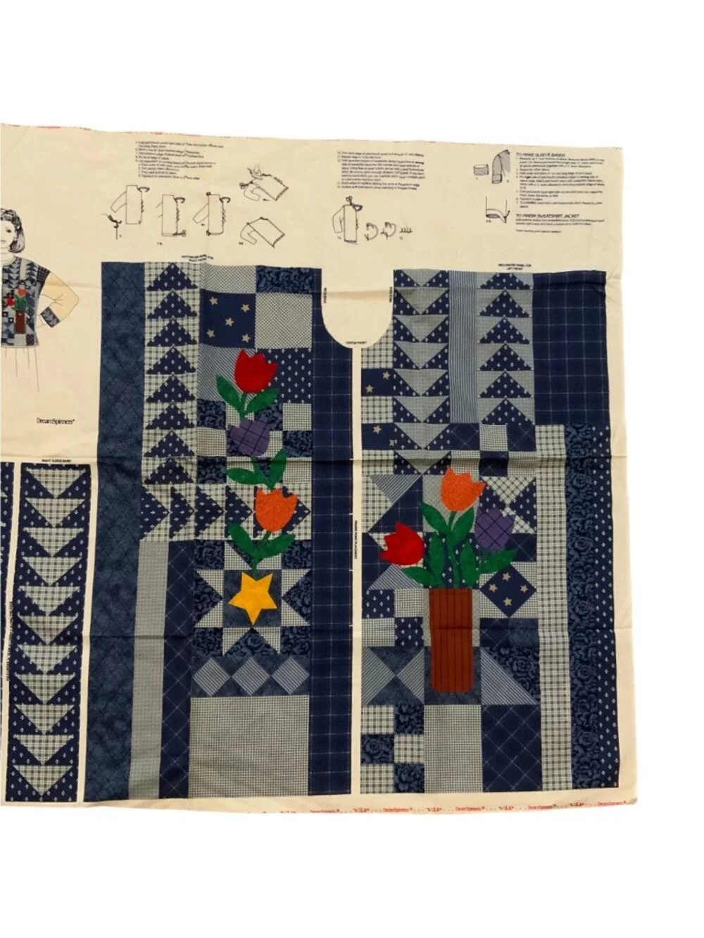 Denim Blues Sweatshirt Jacket Cut and Sew Fabric Panel Patchwork Tulips Stars